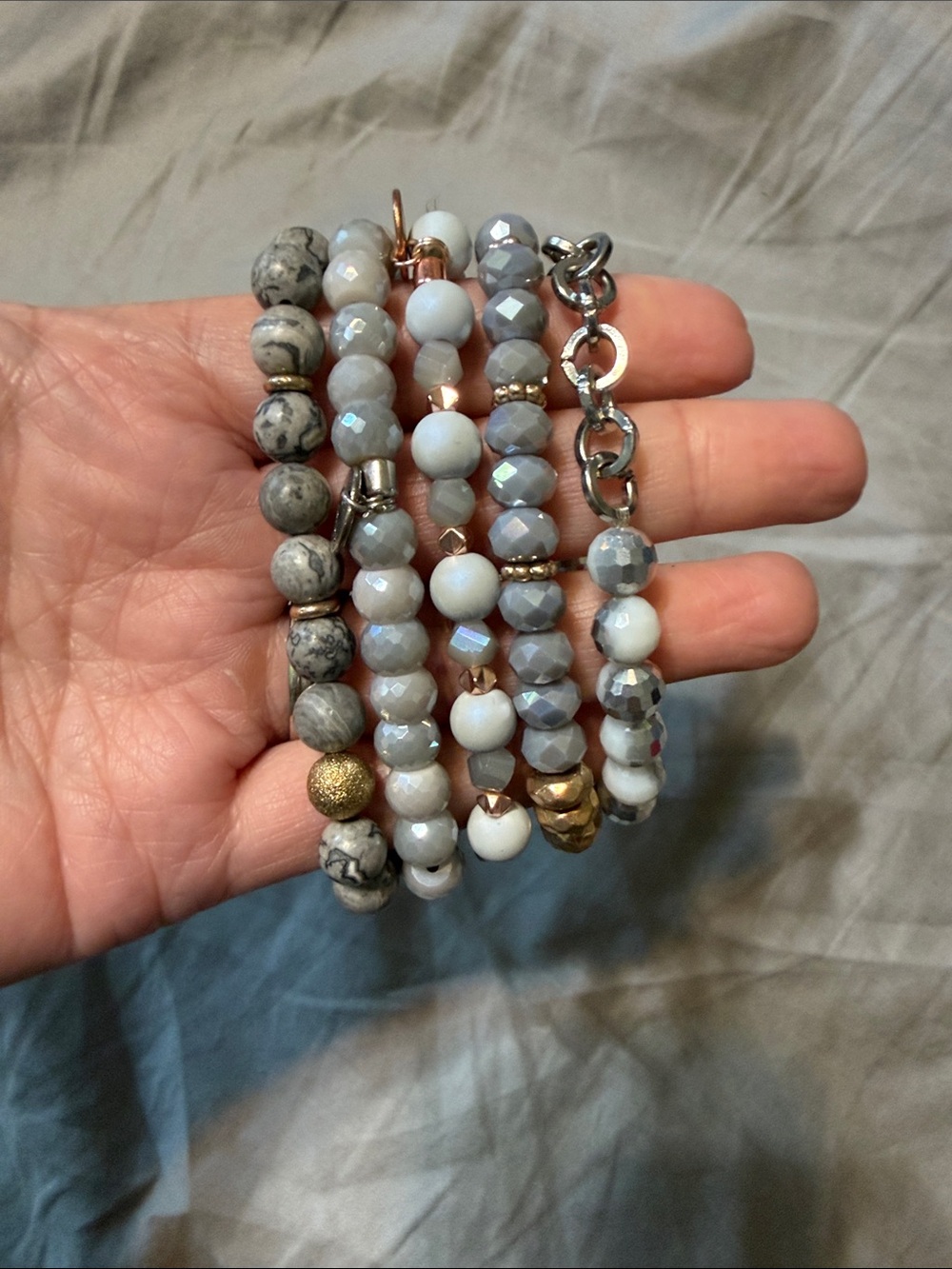 Erimish Gray, White & Gold Stackable Beaded Bracelet Set